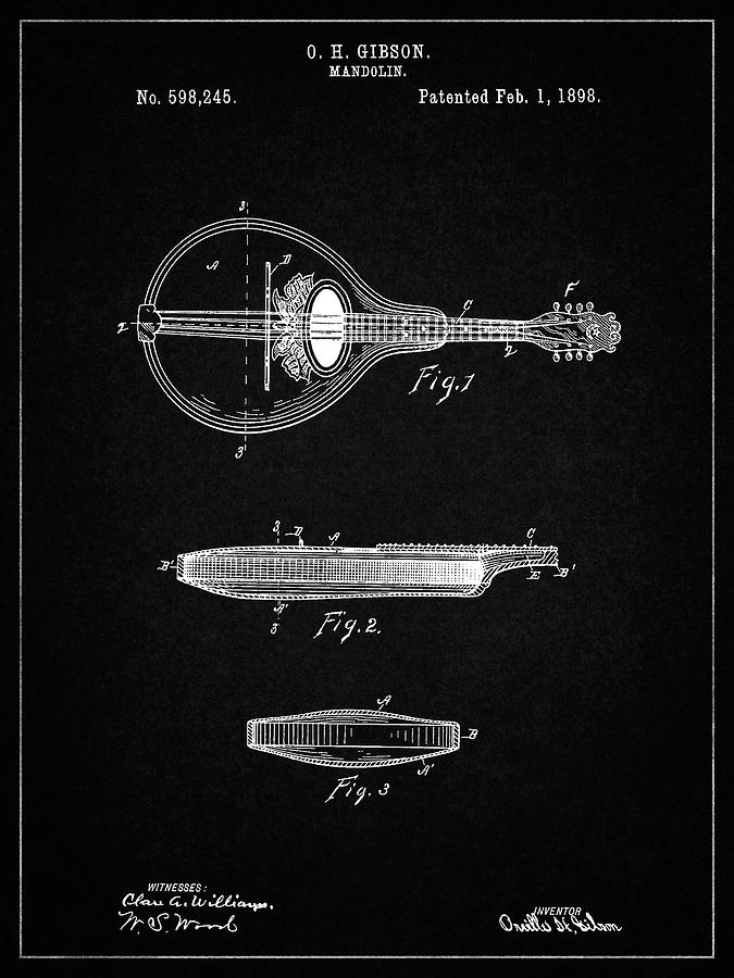 Music Teacher Digital Art - Pp137- Vintage Black Gibson Mandolin A - Model Patent Poster by Cole Borders