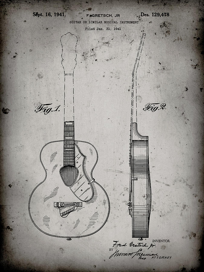 Rock And Roll Digital Art - Pp138- Faded Grey Gretsch 6022 Rancher Guitar Patent Poster by Cole Borders