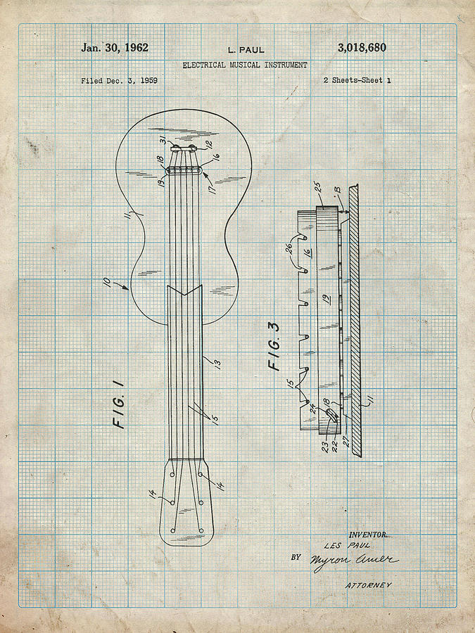 Guitar Still Life Digital Art - Pp140- Antique Grid Parchment Gibson Les Paul Guitar Patent Poster by Cole Borders