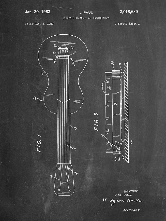 Guitar Still Life Digital Art - Pp140- Chalkboard Gibson Les Paul Guitar Patent Poster by Cole Borders