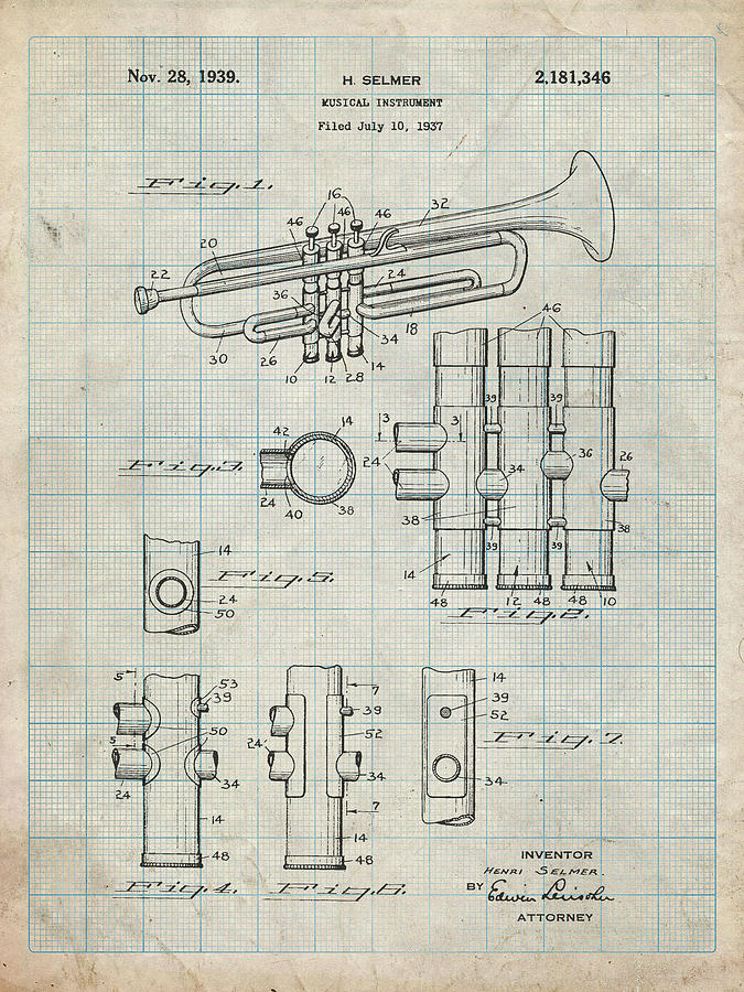 Marching Band Digital Art - Pp141- Antique Grid Parchment Selmer 1939 Trumpet Patent Poster by Cole Borders