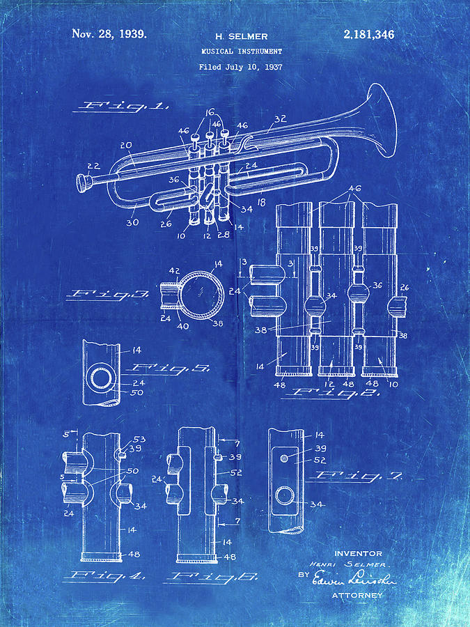 Marching Band Digital Art - Pp141- Faded Blueprint Selmer 1939 Trumpet Patent Poster by Cole Borders