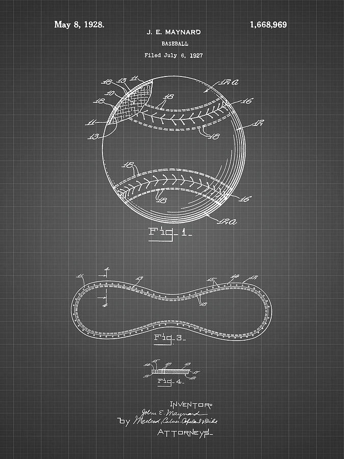 Baseball Digital Art - Pp143- Black Grid Baseball Stitching Patent by Cole Borders