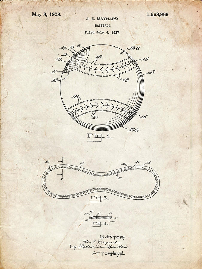 Baseball Digital Art - Pp143- Vintage Parchment Baseball Stitching Patent by Cole Borders