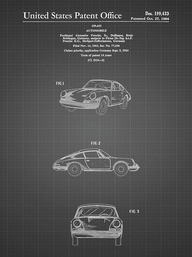 Porsche Decor Digital Art - Pp144- Black Grid 1964 Porsche 911  Patent Poster by Cole Borders