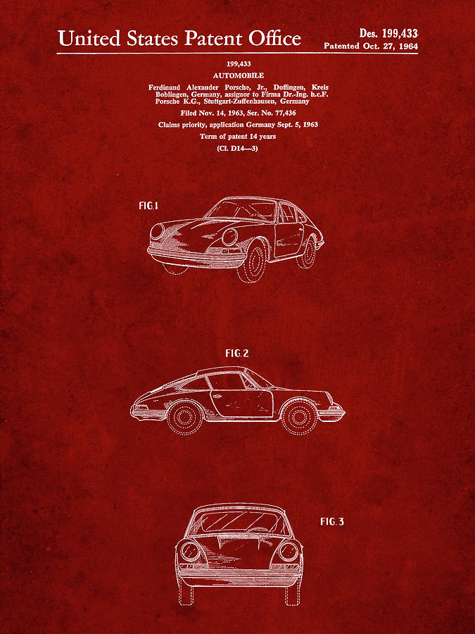 Porsche Decor Digital Art - Pp144- Burgundy 1964 Porsche 911  Patent Poster by Cole Borders