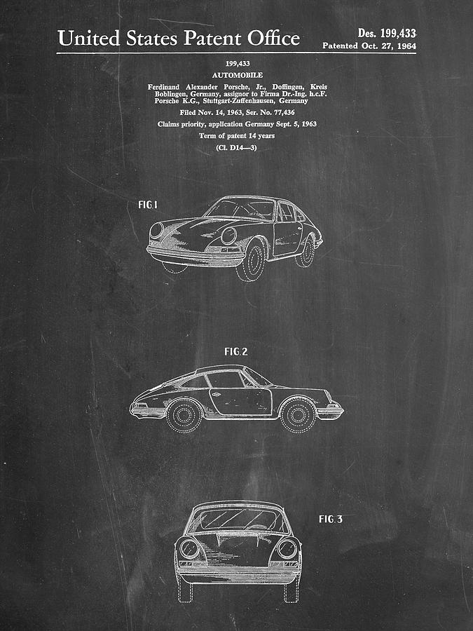 Porsche Decor Digital Art - Pp144- Chalkboard 1964 Porsche 911  Patent Poster by Cole Borders