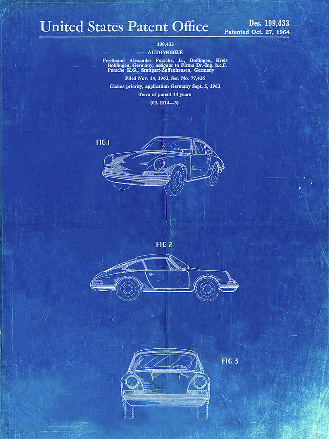 Porsche Decor Digital Art - Pp144- Faded Blueprint 1964 Porsche 911  Patent Poster by Cole Borders