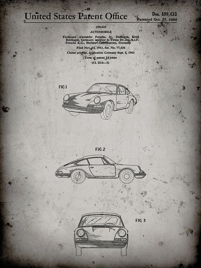 Porsche Decor Digital Art - Pp144- Faded Grey 1964 Porsche 911  Patent Poster by Cole Borders