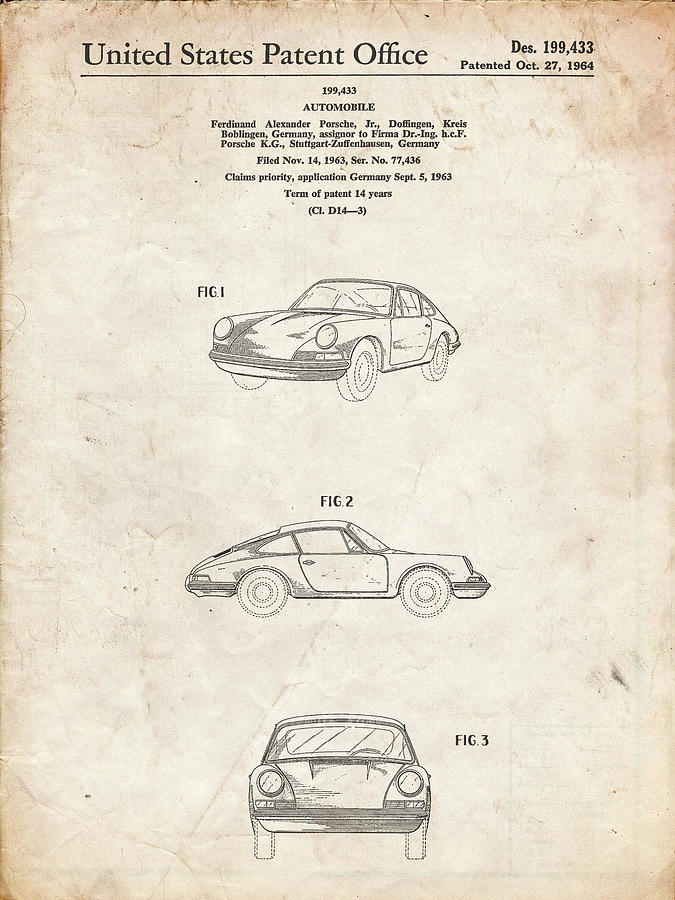 Porsche Decor Digital Art - Pp144- Vintage Parchment 1964 Porsche 911  Patent Poster by Cole Borders