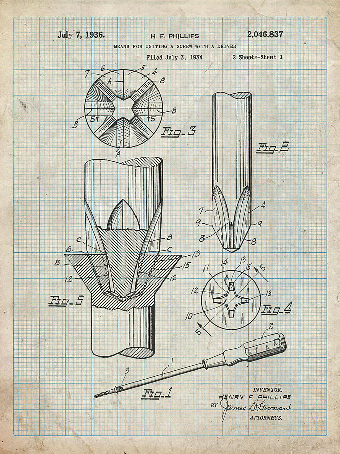 Tool Digital Art - Pp153- Antique Grid Parchment Phillips Head Screw Driver Patent Poster by Cole Borders