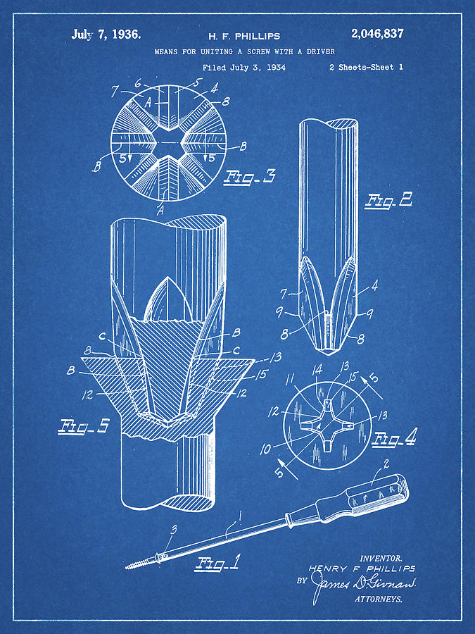 Tool Digital Art - Pp153- Blueprint Phillips Head Screw Driver Patent Poster by Cole Borders