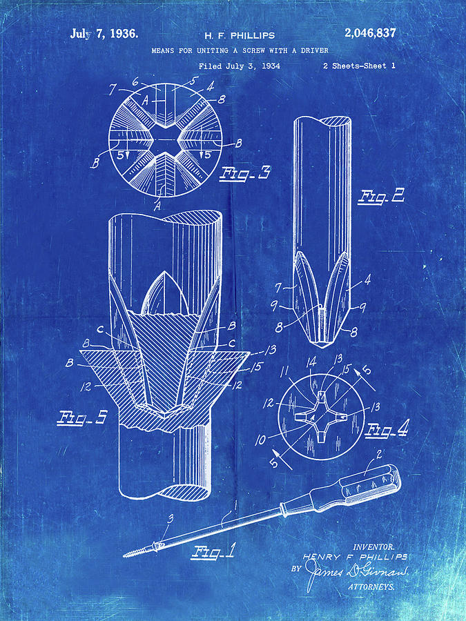 Tool Digital Art - Pp153- Faded Blueprint Phillips Head Screw Driver Patent Poster by Cole Borders