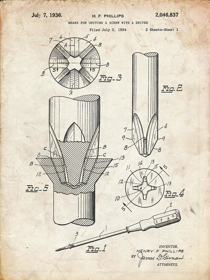 Tool Digital Art - Pp153- Vintage Parchment Phillips Head Screw Driver Patent Poster by Cole Borders