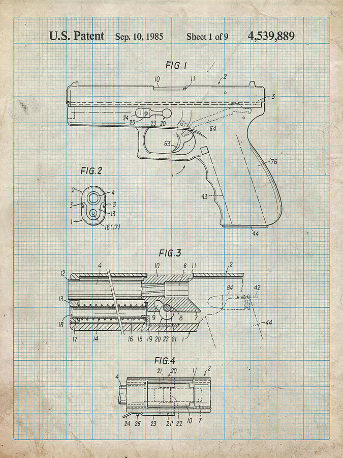 Guns Digital Art - Pp154- Antique Grid Parchment Handgun Pistol Patent Poster by Cole Borders