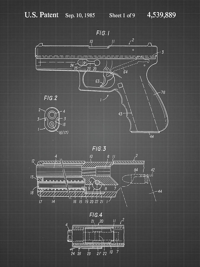 Guns Digital Art - Pp154- Black Grid Handgun Pistol Patent Poster by Cole Borders