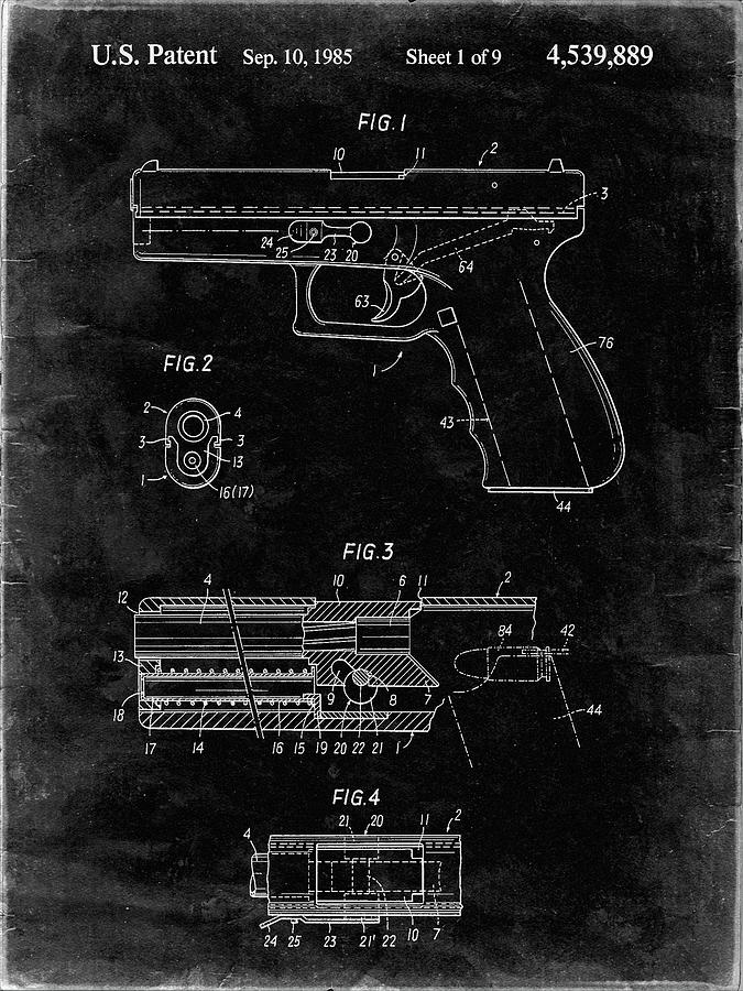 Guns Digital Art - Pp154- Black Grunge Handgun Pistol Patent Poster by Cole Borders
