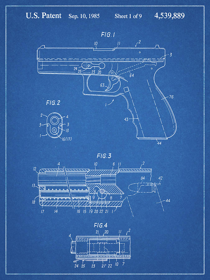 Guns Digital Art - Pp154- Blueprint Handgun Pistol Patent Poster by Cole Borders