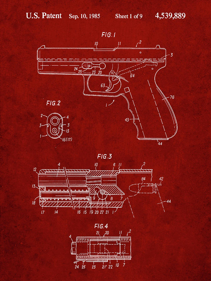 Guns Digital Art - Pp154- Burgundy Handgun Pistol Patent Poster by Cole Borders