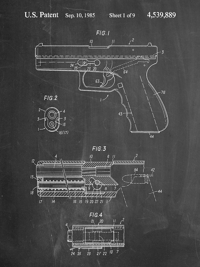 Guns Digital Art - Pp154- Chalkboard Handgun Pistol Patent Poster by Cole Borders