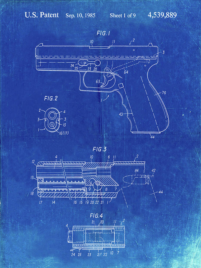 Guns Digital Art - Pp154- Faded Blueprint Handgun Pistol Patent Poster by Cole Borders