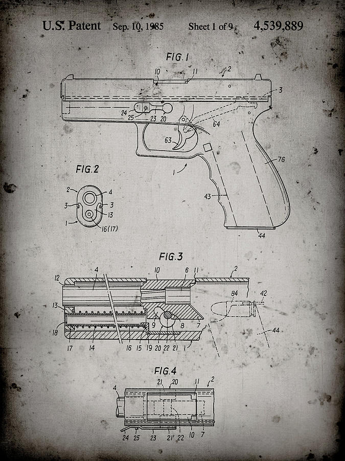 Guns Digital Art - Pp154- Faded Grey Handgun Pistol Patent Poster by Cole Borders