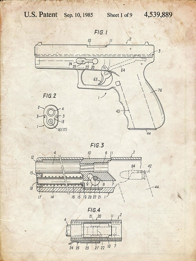 Guns Digital Art - Pp154- Vintage Parchment Handgun Pistol Patent Poster by Cole Borders