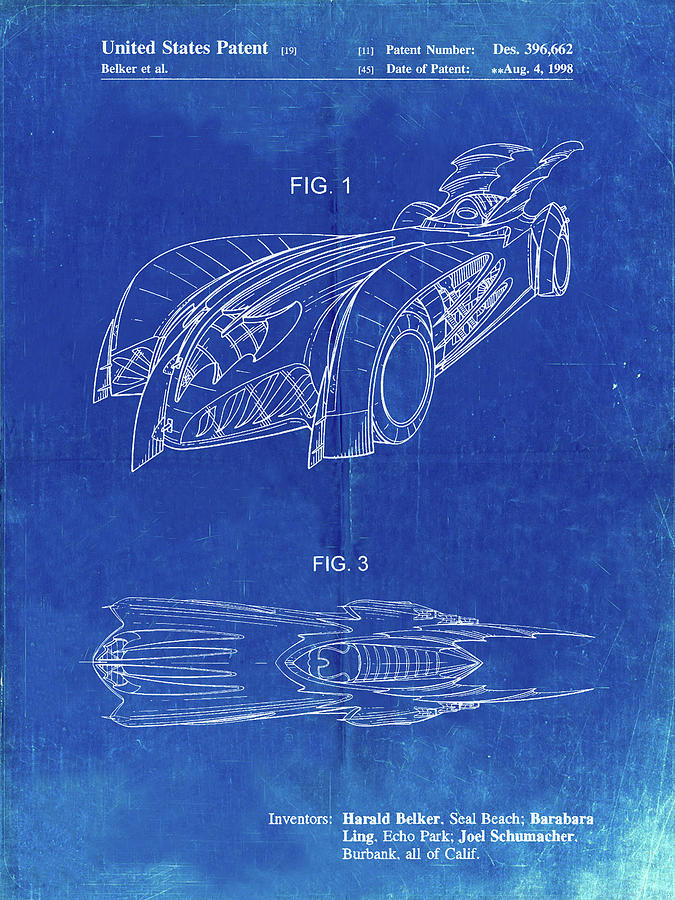 Transportation Digital Art - Pp16-faded Blueprint Batman And Robin Batmobile Patent Poster by Cole Borders