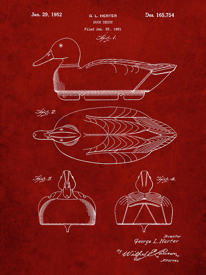 Duck Hunting Digital Art - Pp161- Burgundy Duck Decoy Patent Poster by Cole Borders