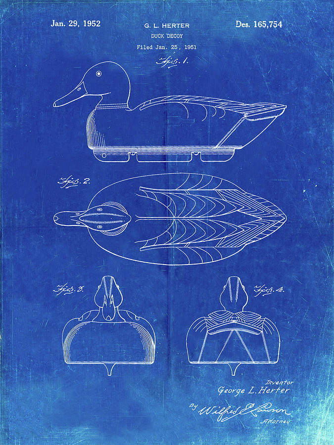 Duck Hunting Digital Art - Pp161- Faded Blueprint Duck Decoy Patent Poster by Cole Borders