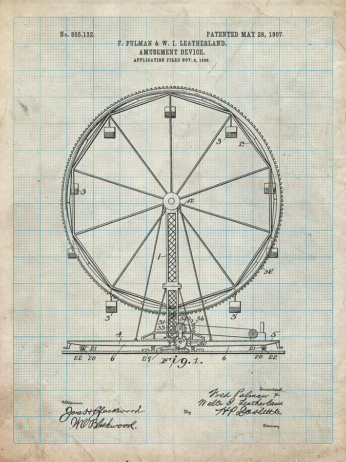 Patent Digital Art - Pp167- Antique Grid Parchment Ferris Wheel Poster by Cole Borders