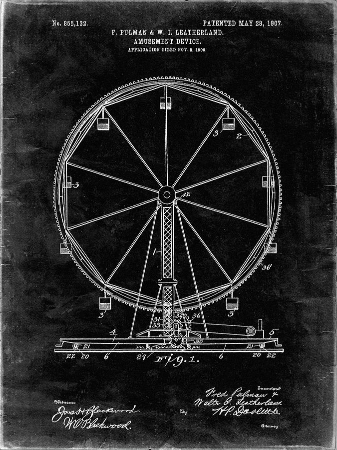 Patent Digital Art - Pp167- Black Grunge Ferris Wheel Poster by Cole Borders
