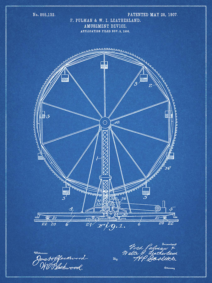 Patent Digital Art - Pp167- Blueprint Ferris Wheel Poster by Cole Borders