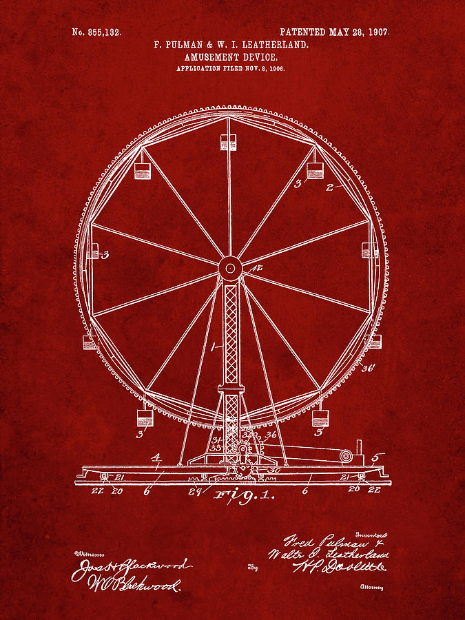 Patent Digital Art - Pp167- Burgundy Ferris Wheel Poster by Cole Borders