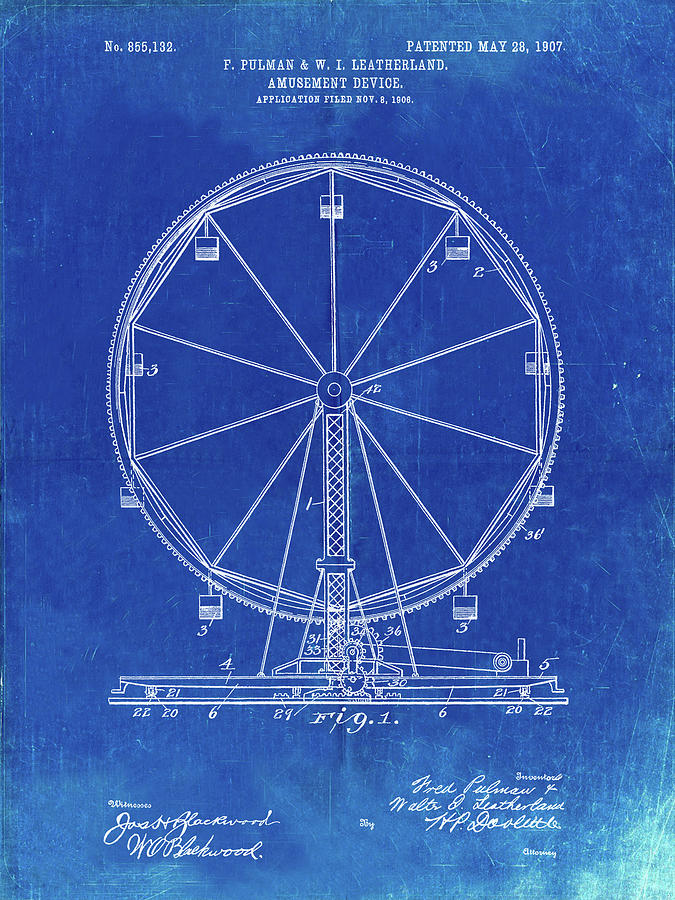 Patent Digital Art - Pp167- Faded Blueprint Ferris Wheel Poster by Cole Borders