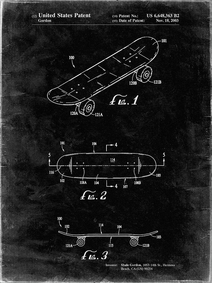 Sports Digital Art - Pp17-black Grunge Double Kick Skateboard Patent Poster by Cole Borders