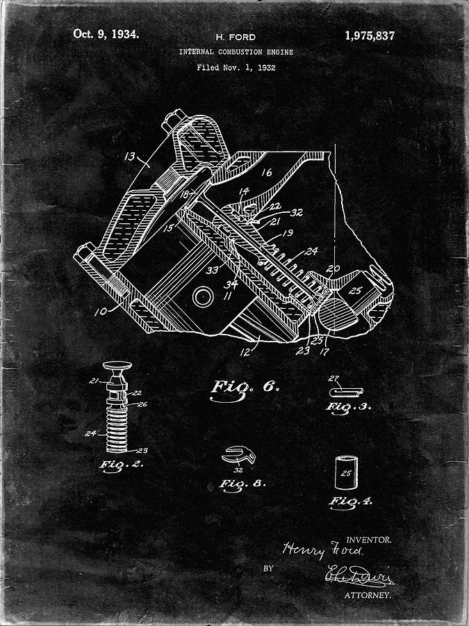 Henry Ford Digital Art - Pp172- Black Grunge Ford V-8 Combustion Engine 1934 Patent Poster by Cole Borders