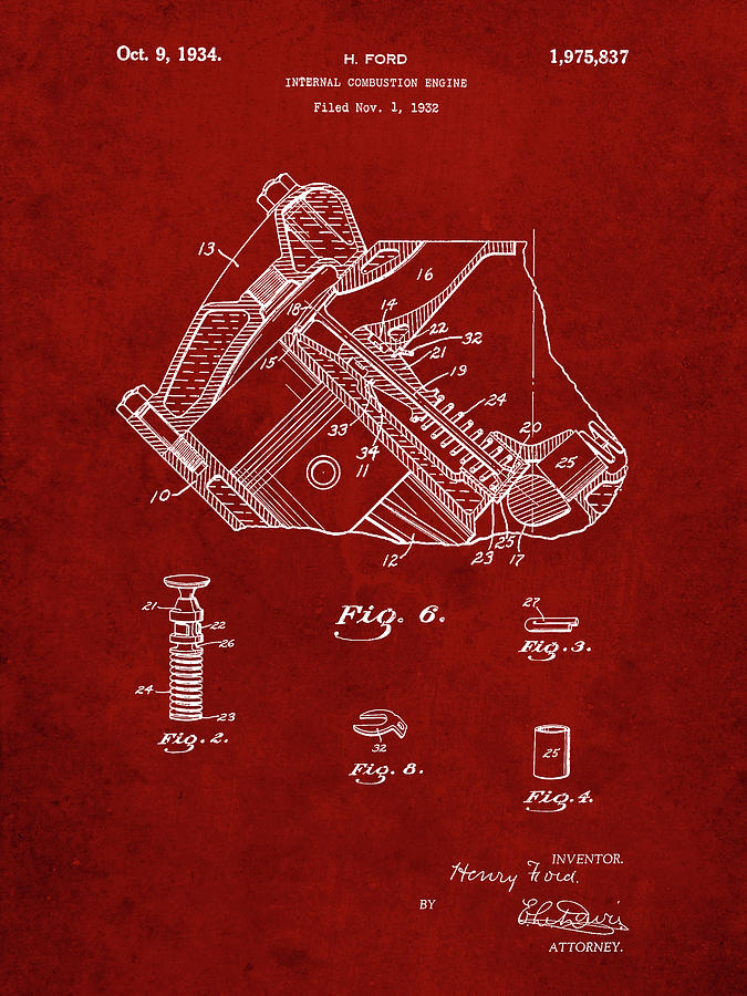 Henry Ford Digital Art - Pp172- Burgundy Ford V-8 Combustion Engine 1934 Patent Poster by Cole Borders