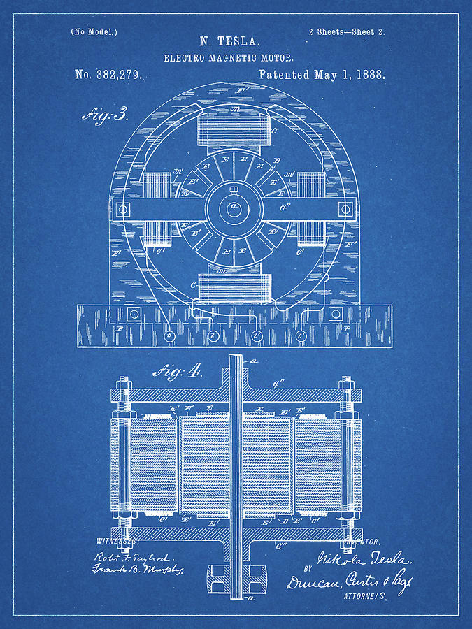 Tesla Digital Art - Pp173- Blueprint Tesla Electro Motor Patent Poster by Cole Borders