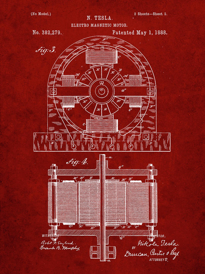 Tesla Digital Art - Pp173- Burgundy Tesla Electro Motor Patent Poster by Cole Borders