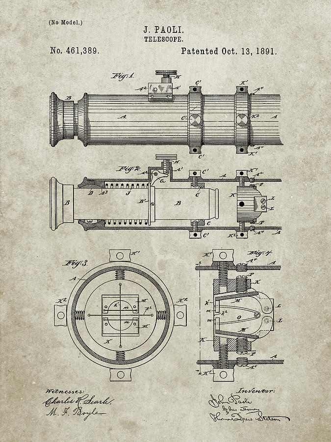 Telescope Digital Art - Pp180- Sandstone Antique Telescope 1891 Patent Poster by Cole Borders