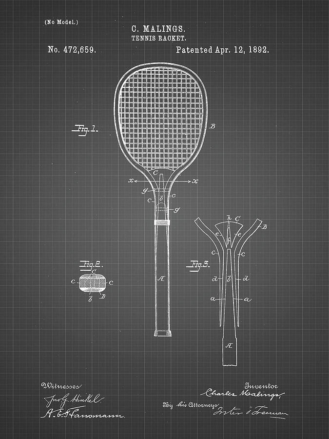 Tennis Player Digital Art - Pp183- Black Grid Tennis Racket 1892 Patent Poster by Cole Borders