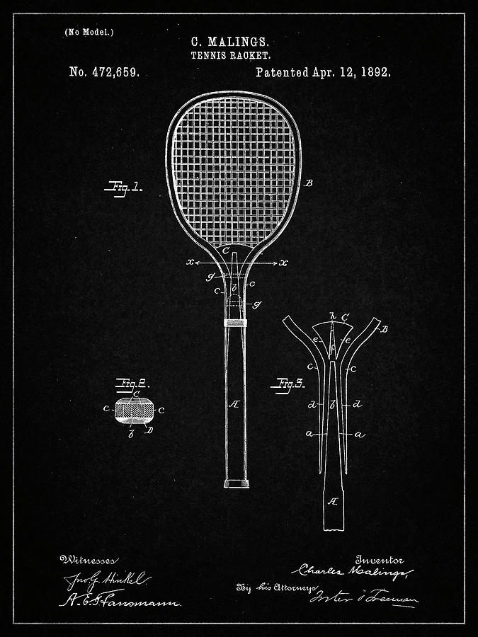 Tennis Player Digital Art - Pp183- Vintage Black Tennis Racket 1892 Patent Poster by Cole Borders