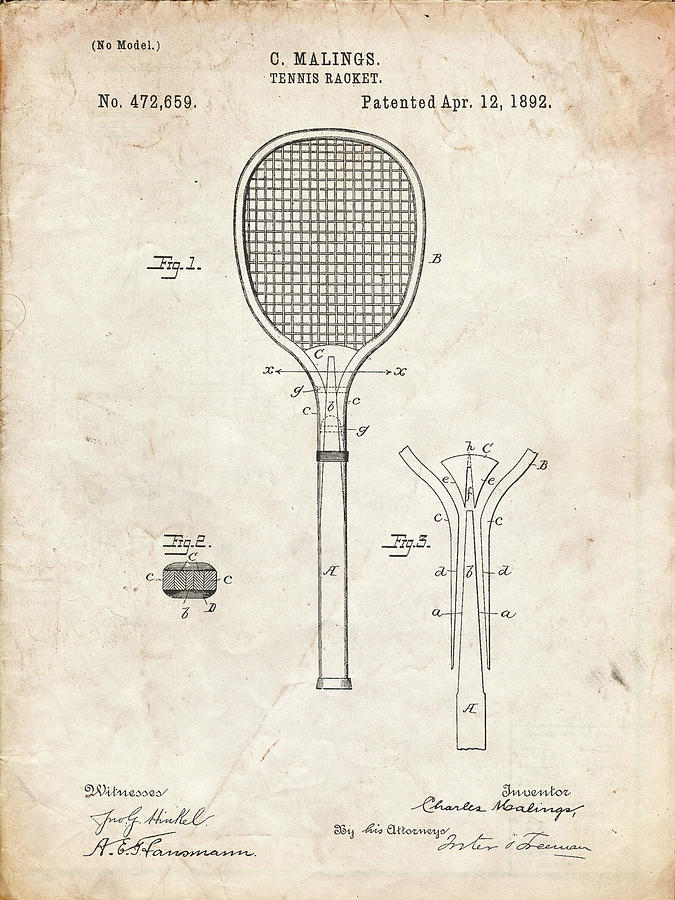 Tennis Digital Art - Pp183- Vintage Parchment Tennis Racket 1892 Patent Poster by Cole Borders