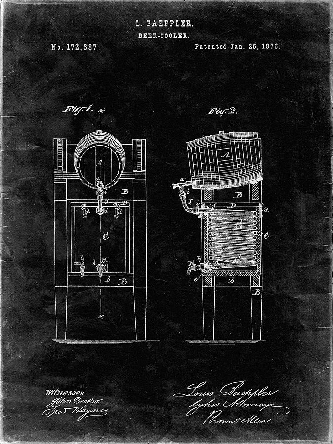 Beer Brewing Digital Art - Pp186- Black Grunge Beer Keg Cooler 1876 Patent Poster by Cole Borders
