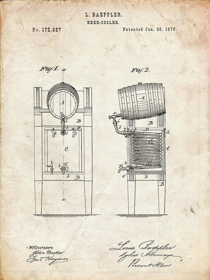 Pp186- Vintage Parchment Beer Keg Cooler 1876 Patent Poster Digital Art ...