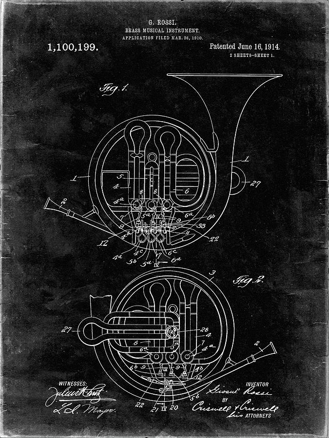 Musical Instrument Digital Art - Pp188- Black Grunge French Horn 1914 Patent Poster by Cole Borders