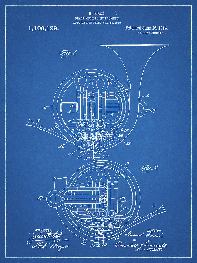 Musical Instrument Digital Art - Pp188- Blueprint French Horn 1914 Patent Poster by Cole Borders