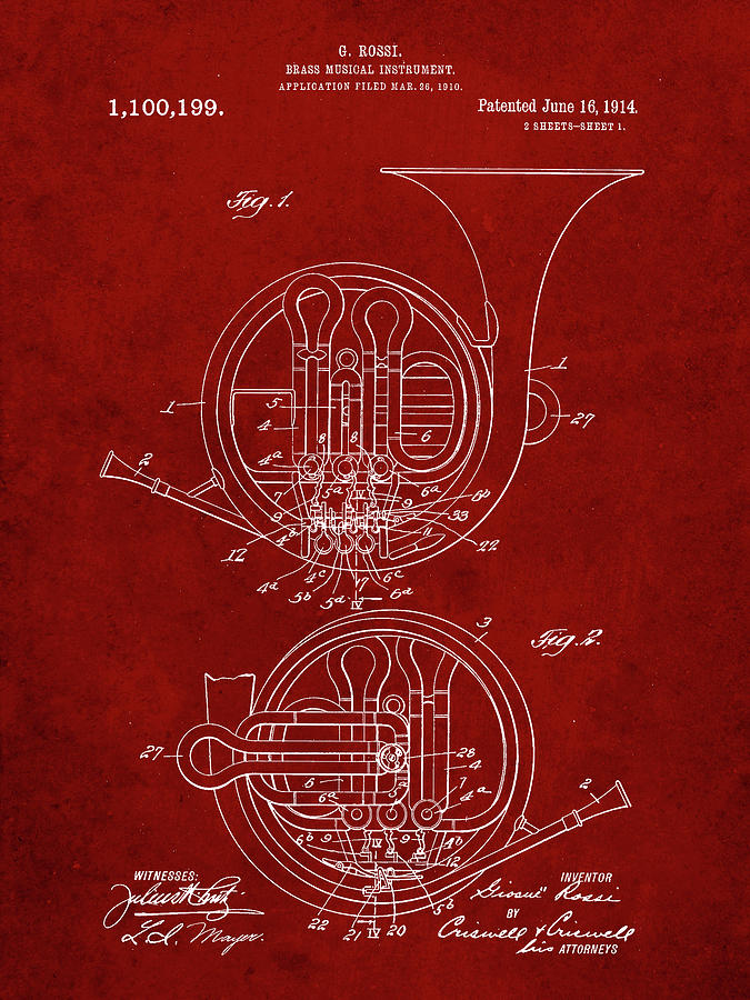 Musical Instrument Digital Art - Pp188- Burgundy French Horn 1914 Patent Poster by Cole Borders