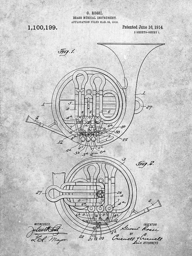 Music Digital Art - Pp188- French Horn 1914 Patent Poster by Cole Borders